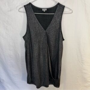 Kismet Shimmery Metallic Gray/Black V-Neck Faux Wrap Front Top - Size S/P